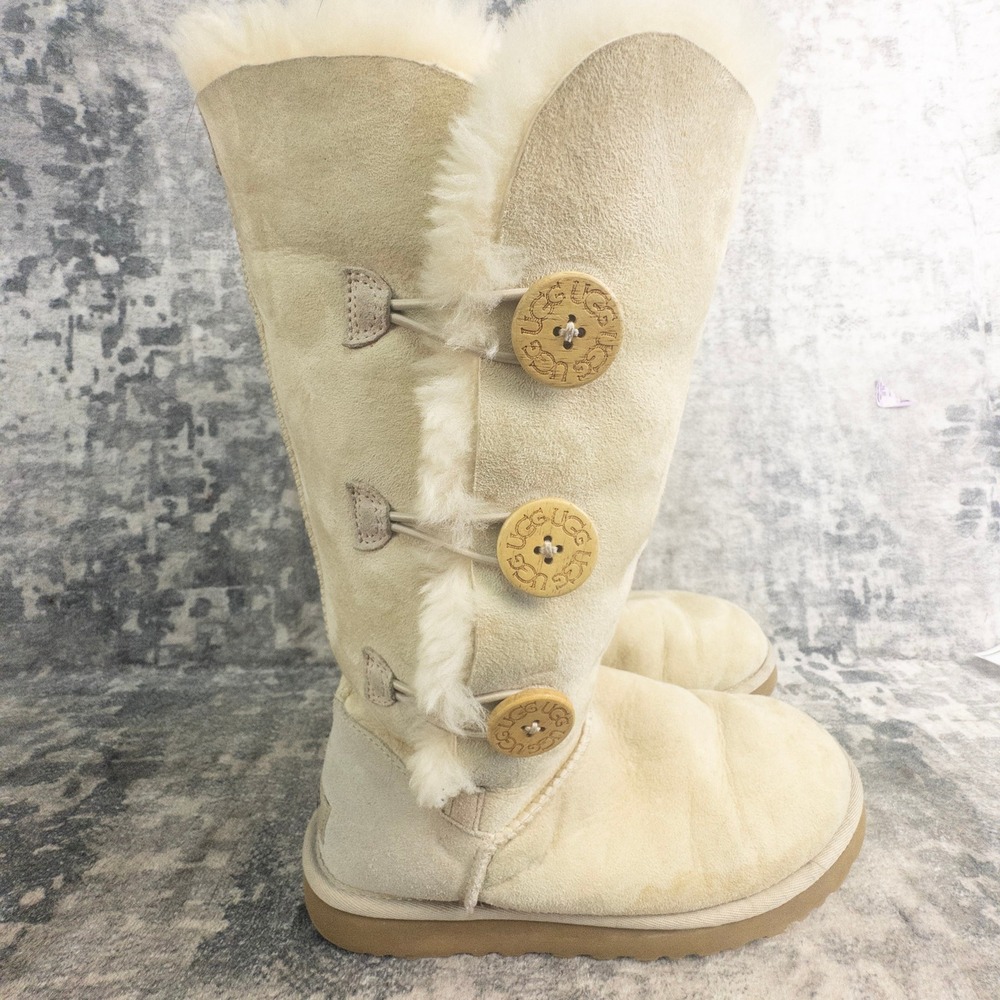 UGG Womens Size 7 Bailey Button Triplet Boots Sand Sheepskin Suede 1873 Tall - Picture 5 of 12